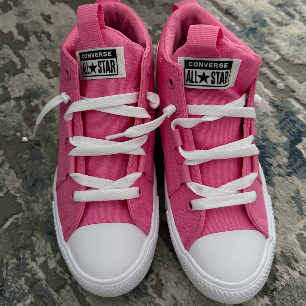 Girls Converse Pink and White High-Top Sneakers (Size 2)